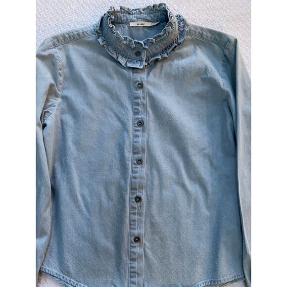 Mi Ami XS Light Wash Denim Ruffle High Neck Blouse Victorian Western Cottagecore - Picture 2 of 7